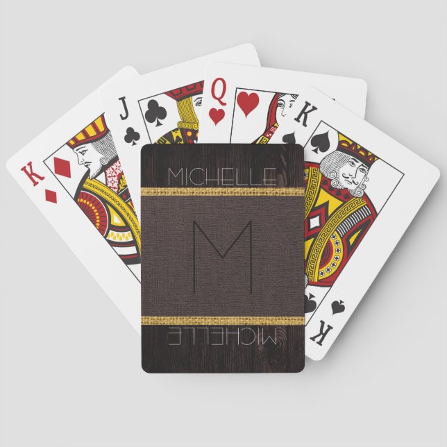 Monogram Brown Rustic Burlap Wood Look Playing Cards (Back)