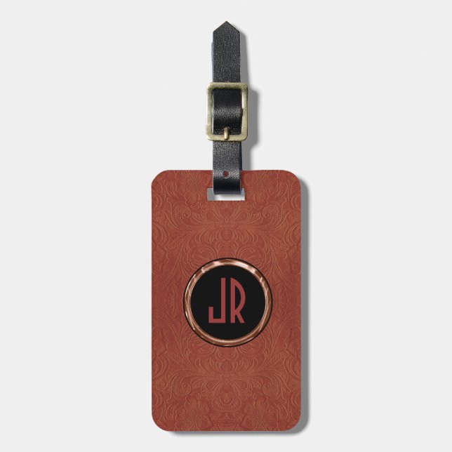 Monogram Brown Suede Leather Floral Design Luggage Tag (Front Vertical)
