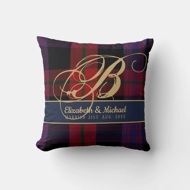 Monogram BROWN Tartan Blue Red Newlyweds Wedding Cushion (Front)