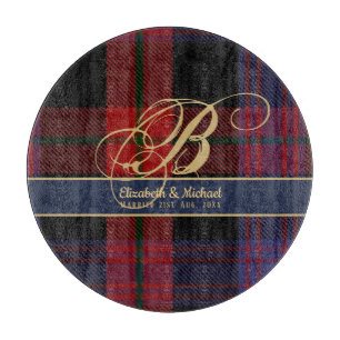 Monogram BROWN Tartan Blue Red Newlyweds Wedding Cutting Board