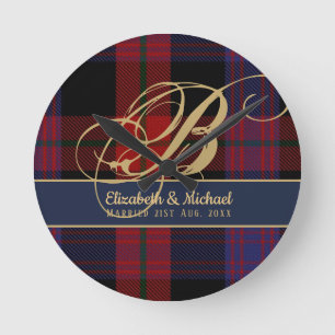 Monogram BROWN Tartan Blue Red Newlyweds Wedding Round Clock