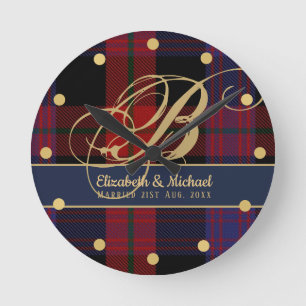 Monogram BROWN Tartan Blue Red Newlyweds Wedding Round Clock