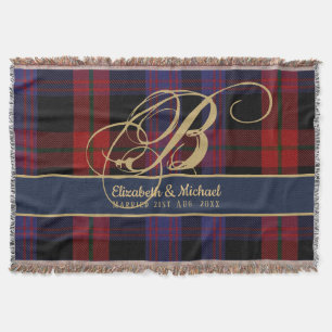 Monogram BROWN Tartan Blue Red Newlyweds Wedding Throw Blanket