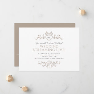 Monogram brown white leaf wedding live streaming announcement