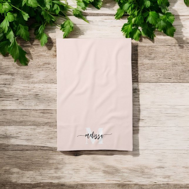 Monogram Brush Calligraphy Blush Pink Tea Towel (Creator Uploaded)