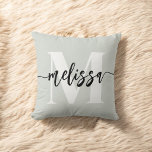 Monogram Brush Calligraphy Sage Green Cushion<br><div class="desc">Bold serif monogram combined with brush handwritten calligraphy.</div>