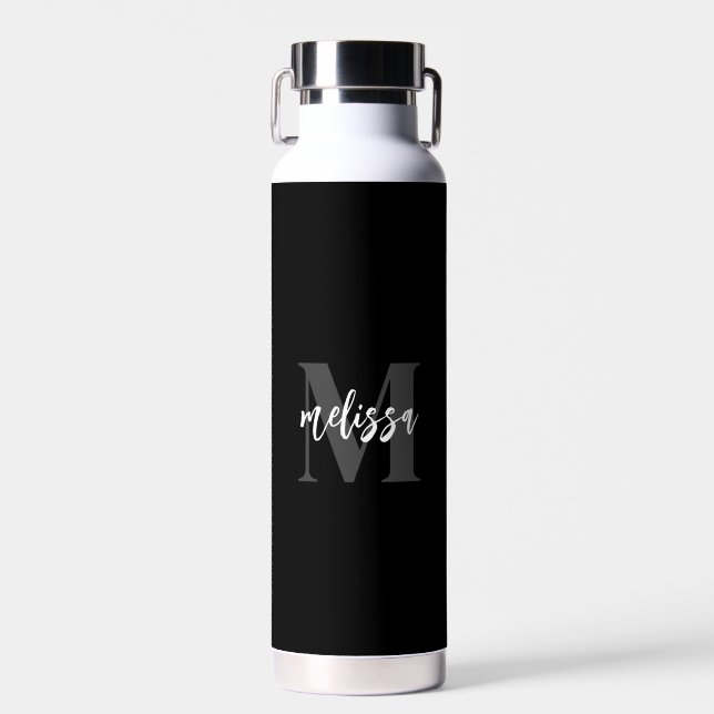 Monogram Brush Script Black Water Bottle (Front)