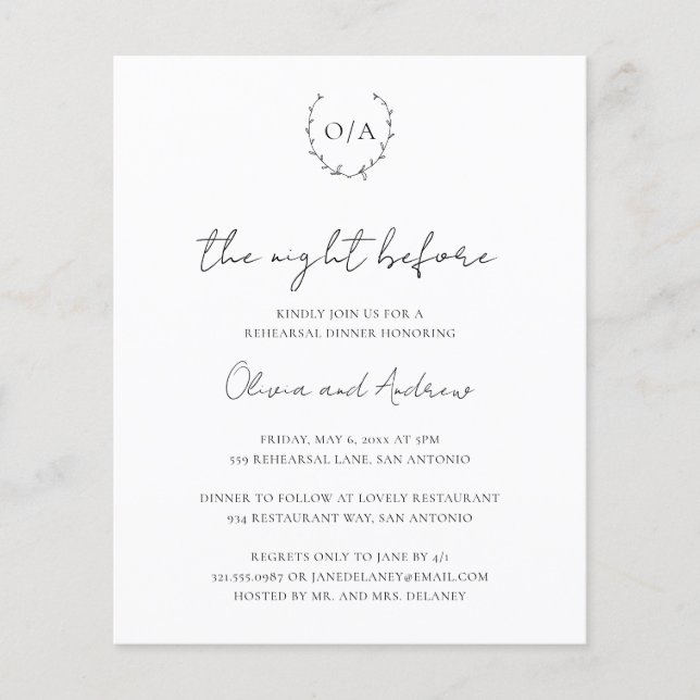 Monogram Budget Rehearsal Dinner Invitation (Front)
