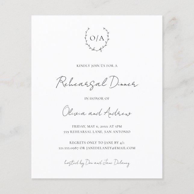 Monogram Budget Rehearsal Dinner Invitation (Front)
