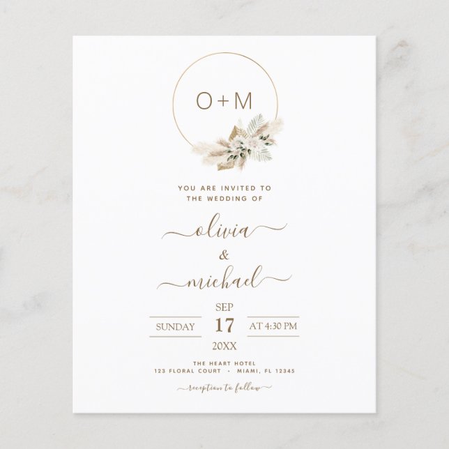 Monogram Budget Tropical Pampas Grass Wedding Flyer (Front)