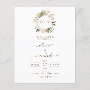 Monogram Budget Tropical Pampas Grass Wedding Flyer