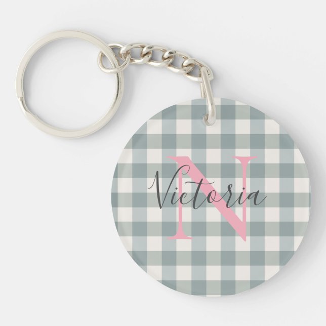 Monogram Buffalo Check Plaid Gingham Name Key Ring (Front)
