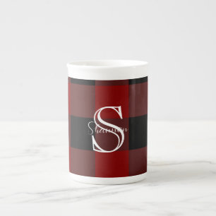 Monogram buffalo plaid bone china mug