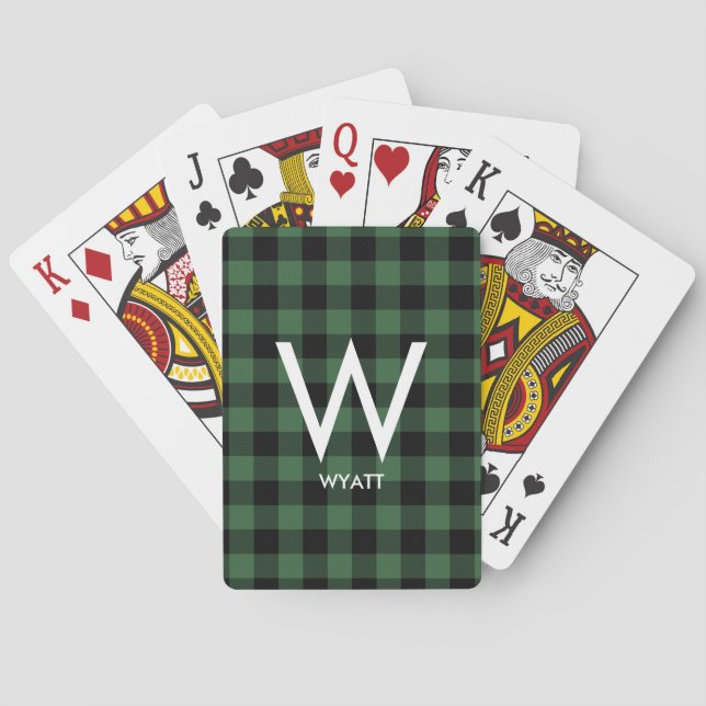 Monogram Buffalo Plaid Green Lumberjack Flannel Playing Cards (Back)