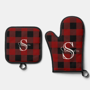 Monogram buffalo plaid oven mitt & pot holder set