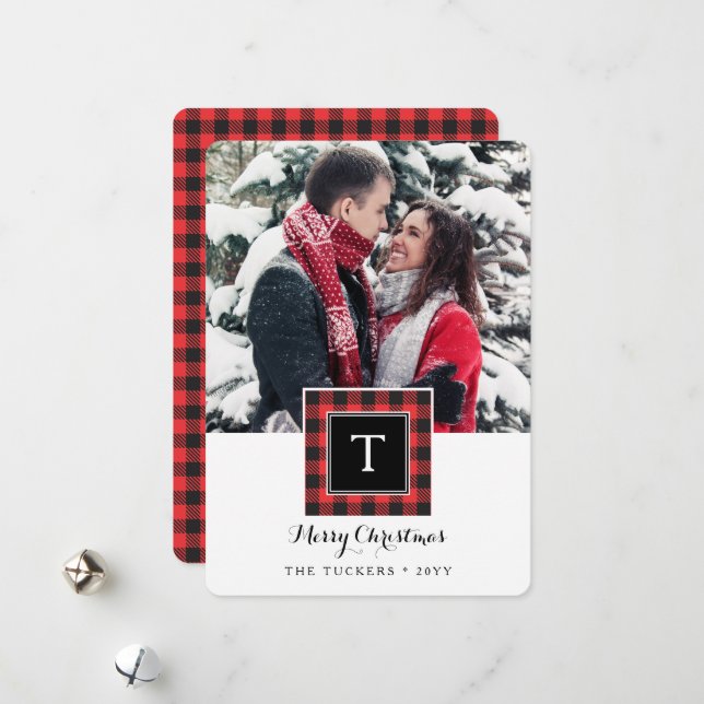 Monogram Buffalo Plaid Red Black Merry Christmas Holiday Card (Front/Back In Situ)