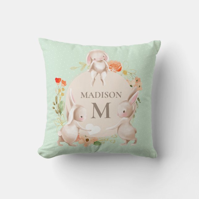 Monogram Bunny Rabbits Floral Baby Personalised Cushion (Front)