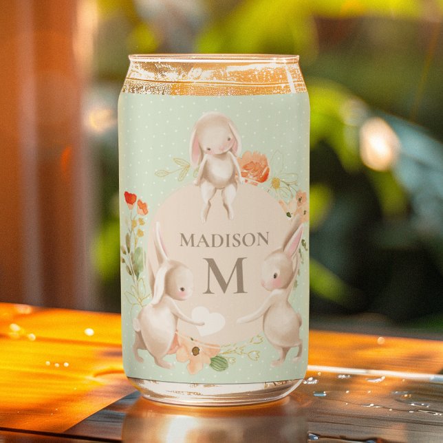 Monogram Bunny Rabbits Floral Easter Personalised Can Glass (Creator Uploaded)