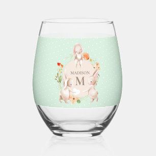Monogram Bunny Rabbits Floral Easter Personalised Stemless Wine Glass