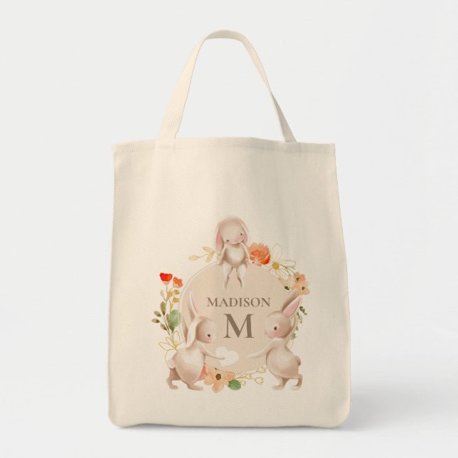 Monogram Bunny Rabbits Floral Easter Personalised Tote Bag (Front)
