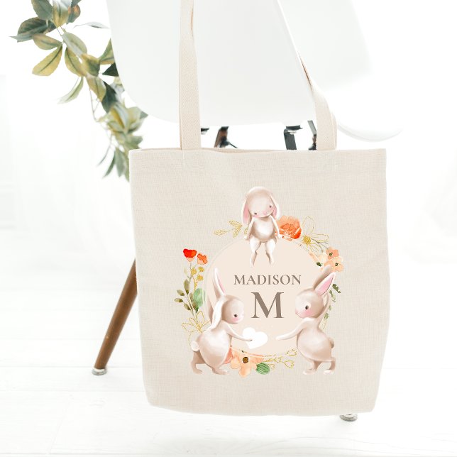 Monogram Bunny Rabbits Floral Easter Personalised Tote Bag (Creator Uploaded)