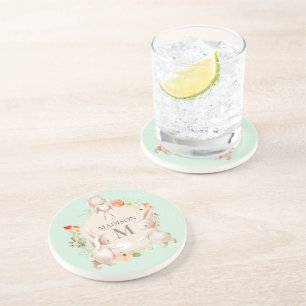 Monogram Bunny Rabbits Floral Girly Personalised Coaster