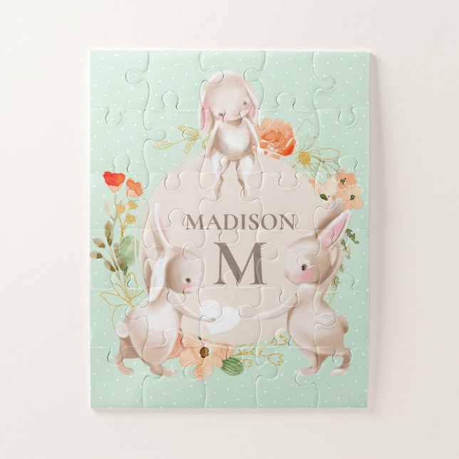 Monogram Bunny Rabbits Floral Girly Personalised Jigsaw Puzzle (Vertical)