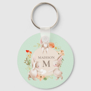 Monogram Bunny Rabbits Floral Girly Personalised Key Ring