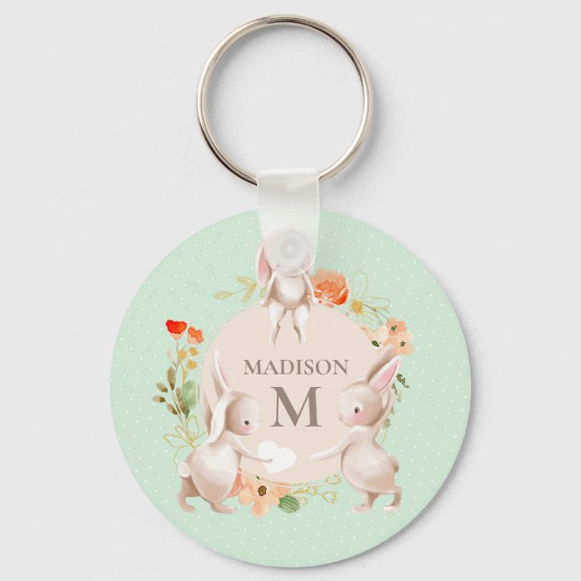 Monogram Bunny Rabbits Floral Girly Personalised Key Ring (Front)