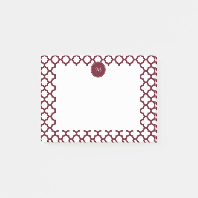 Monogram Burgundy and White Quatrefoil Pattern Post-it Notes (Front)