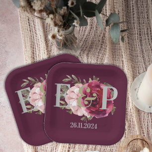 Monogram Burgundy Blush Floral Wedding Party  Paper Plate