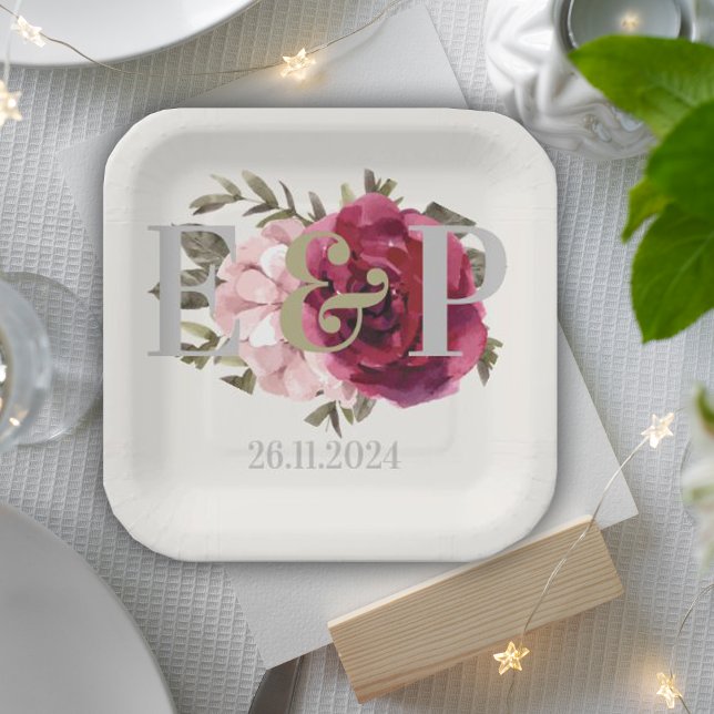 Monogram Burgundy Blush Floral Wedding Party  Paper Plate (Monogram Burgundy Blush Floral Wedding Party Paper Plates)