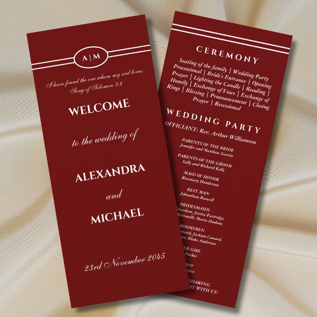 Monogram Burgundy Christian Wedding Program (Creator Uploaded)