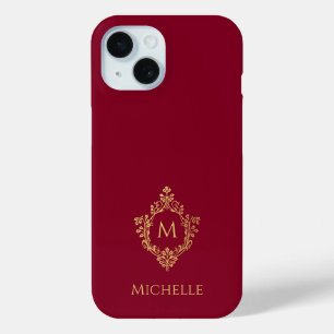 Monogram Burgundy Faux Gold Crest Initial and Name iPhone 15 Case