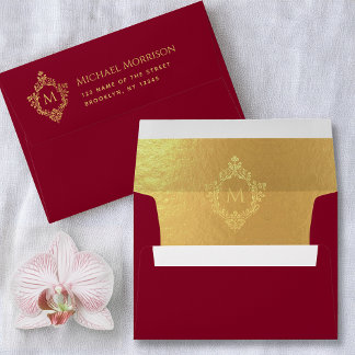 Monogram Burgundy Faux Gold Vintage Crest Address Envelope