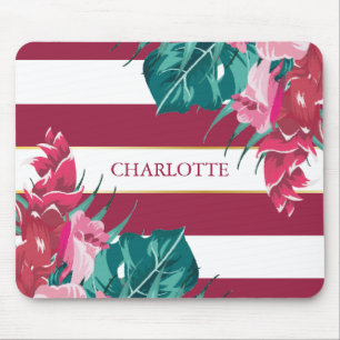 Monogram burgundy Floral striped Mouse Pad