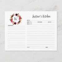 Monogram Burgundy Floral Wreath recipe cards