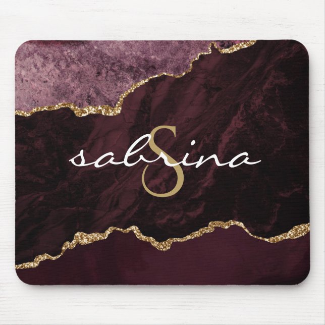 Monogram Burgundy Gold Agate Geode Mouse Pad (Front)