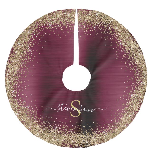 Monogram Burgundy Gold Glitter Girly Glam Brushed Polyester Tree Skirt (Front)