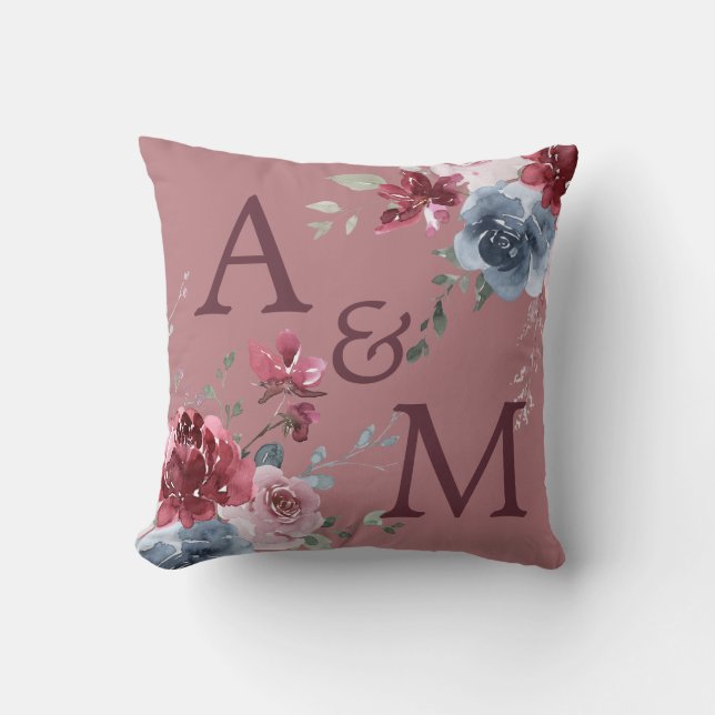 Monogram Burgundy Initials Dusty Rose Blue Floral  Cushion (Front)