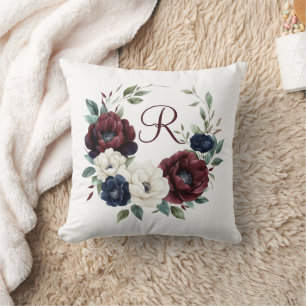 Monogram Burgundy Maroon Navy Blue White Floral Cushion