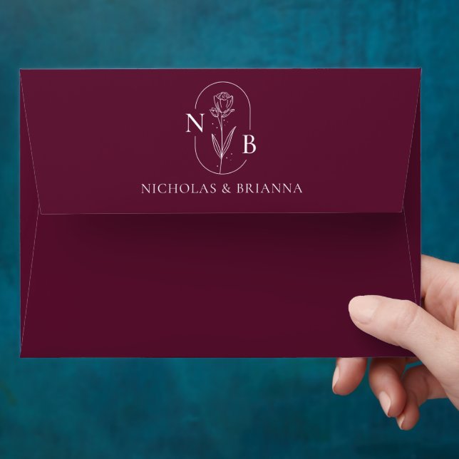 Monogram Burgundy Modern Elegant Wedding Envelope (Hand)