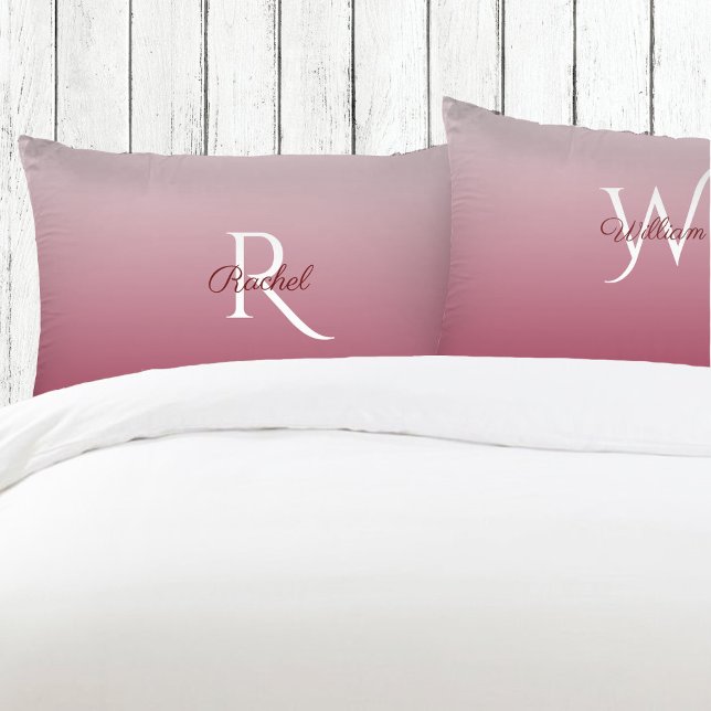Monogram Burgundy Ombre Gradient Wedding Couple Pillowcase (Creator Uploaded)