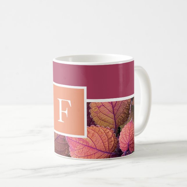 Monogram burgundy peach warm tone leaves coffee mug (Front Right)