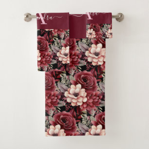Monogram Burgundy & Pink Floral Elegant Towel Set