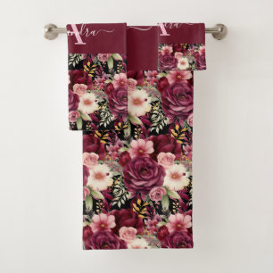 Monogram Burgundy & Pink Floral Elegant Towel Set