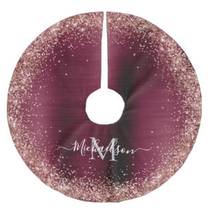 Monogram Burgundy Rose Gold Faux-Glitter Girly Brushed Polyester Tree Skirt