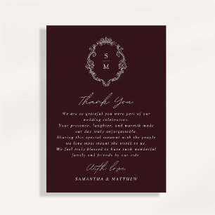 Monogram Burgundy Script Wedding Thank You Card