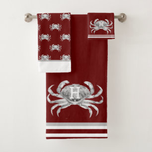 Monogram Burgundy Watercolor Crab Nautical Bath Towel Set