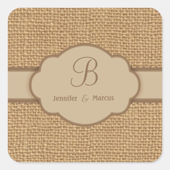 Monogram Burlap Custom Square Stickers (Front)